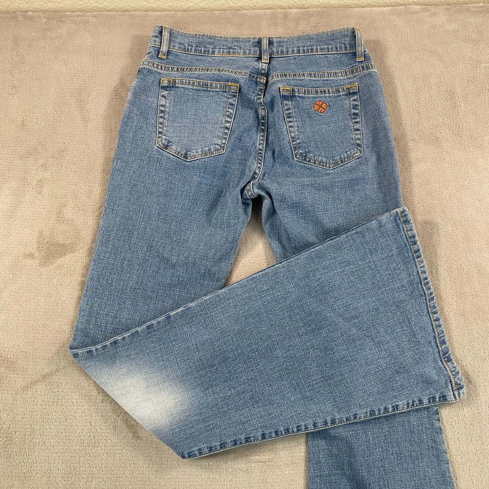 Vintage JNCO Flared Jeans Women 7 (28x33) Blue Wash Wide Hem‎ Embroidered Pocket
